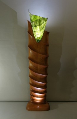 Carved cherry and stained glass floor lamp; handmade in Randolph, Vermont by David Hurwitz Originals, Atlantic Art Glass and Design, and LEDdynamics.